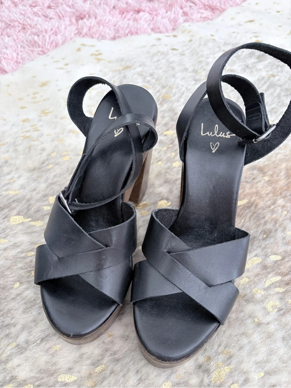 Lulu's Black Strappy Leather Platform Sandals with Ankle Buckle
